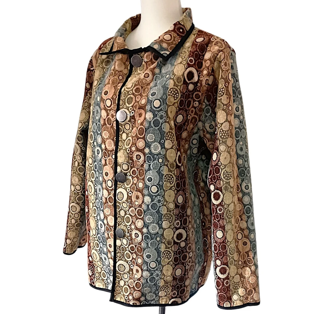 I Reversibles Tapestry Chore Jacket Sz‎ L Boho Damask Utility Boxy Career Button